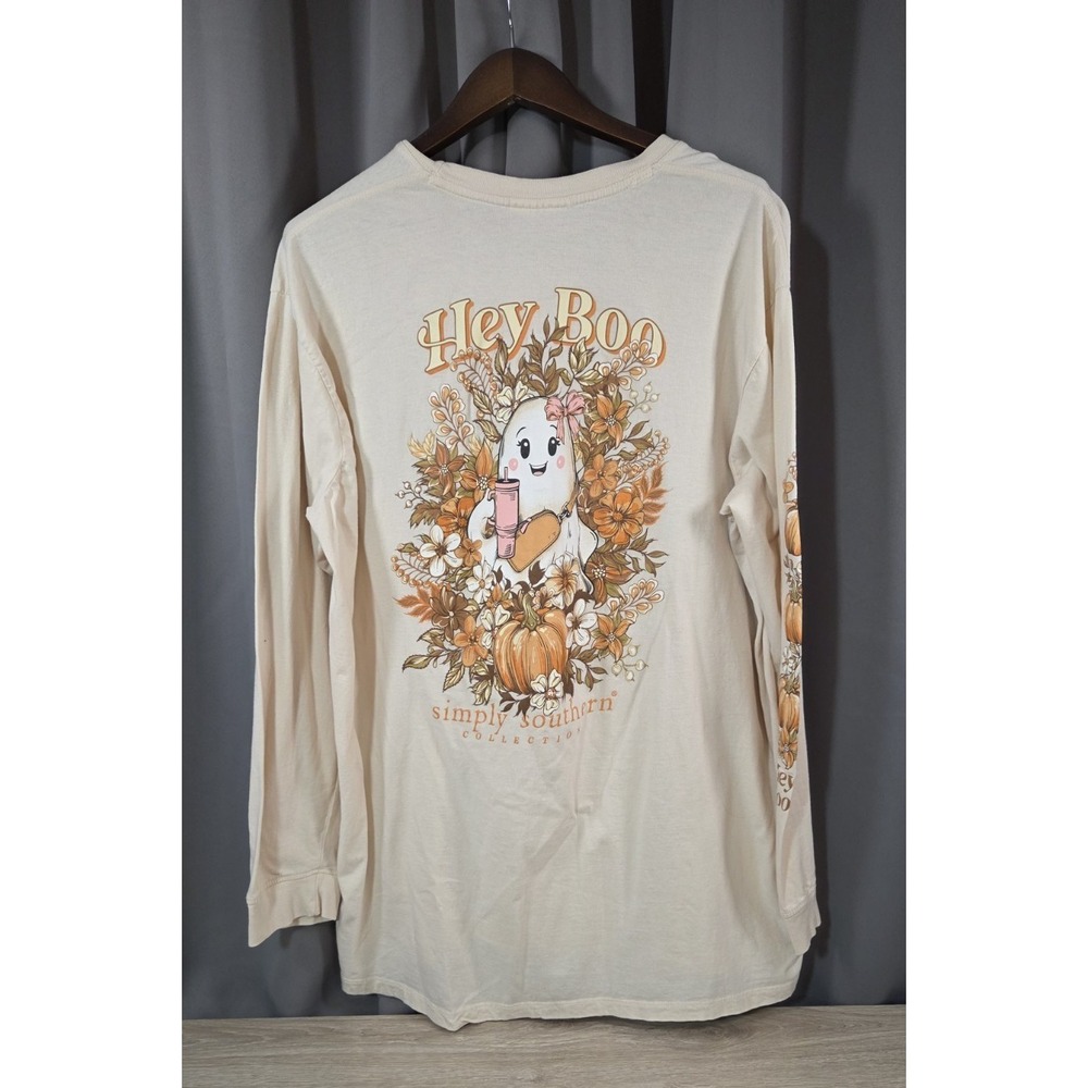 Simply Southern HEY BOO Ghost Halloween Fall Long Sleeve Tan Shirt 2XL - Picture 2 of 11